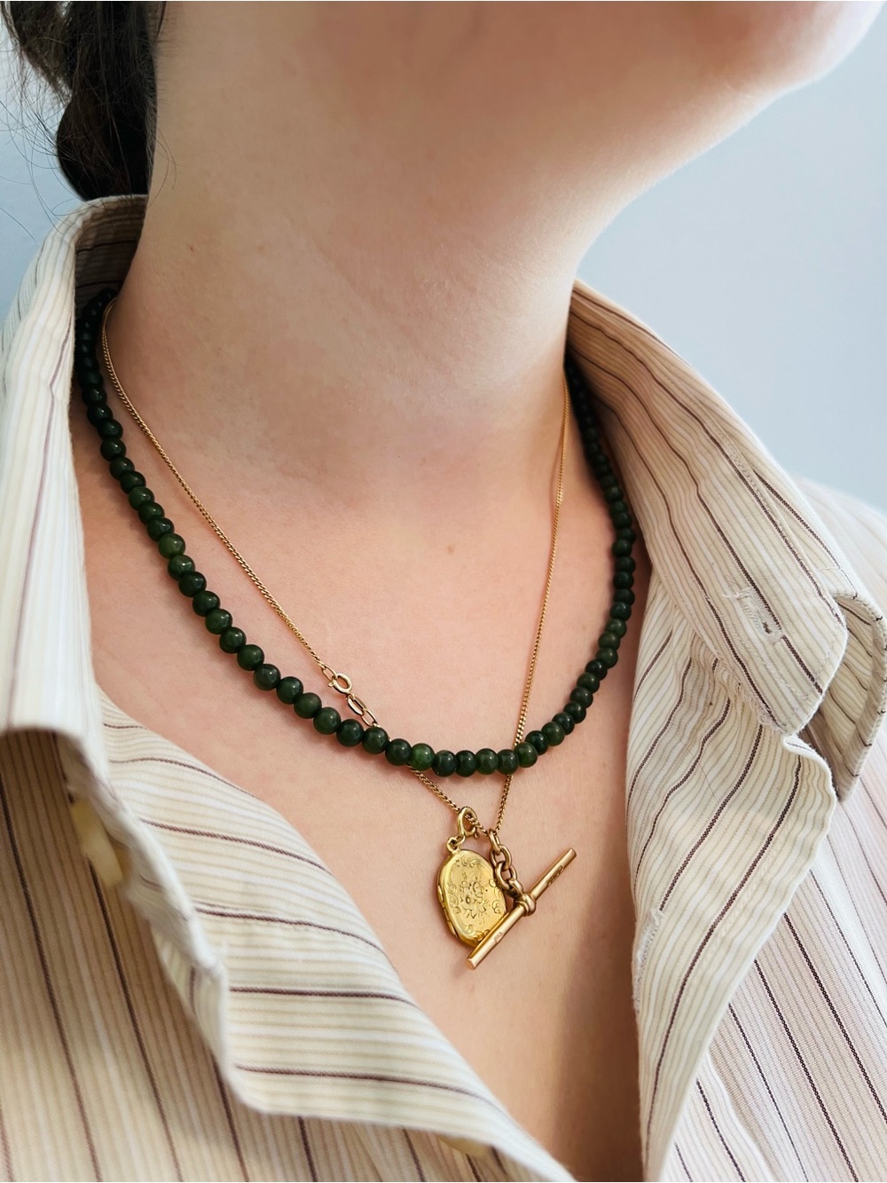 Wonderful Natural Nephrite Jade Bead Necklace strung on Solid 14K Gold Chain